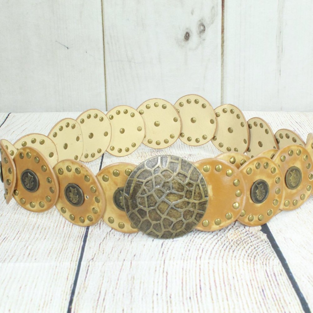 Classic Brown Leather Coin Studded Embellished Boho Morrocan Belt Size M/L - Picture 2 of 8